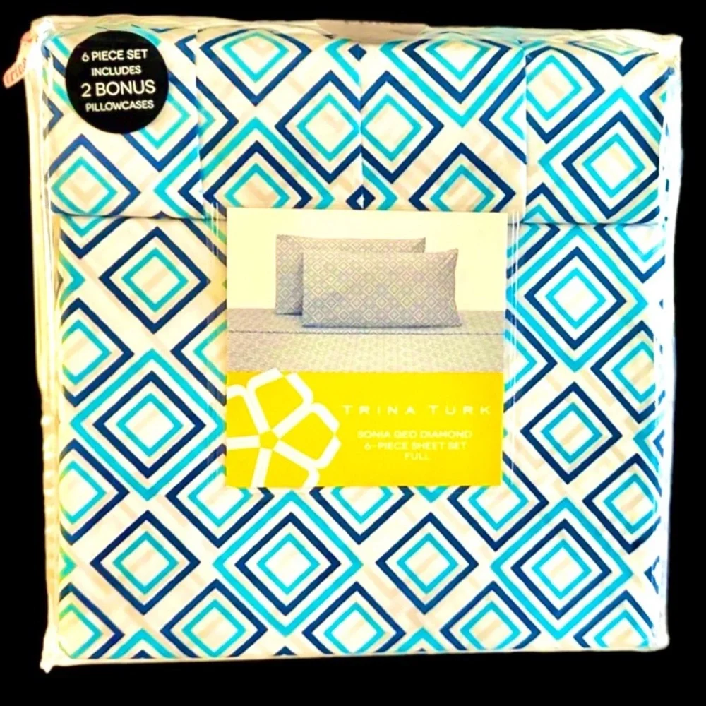 Full Sheets Set Trina Turk  Blue Teal & White Geometric NEW